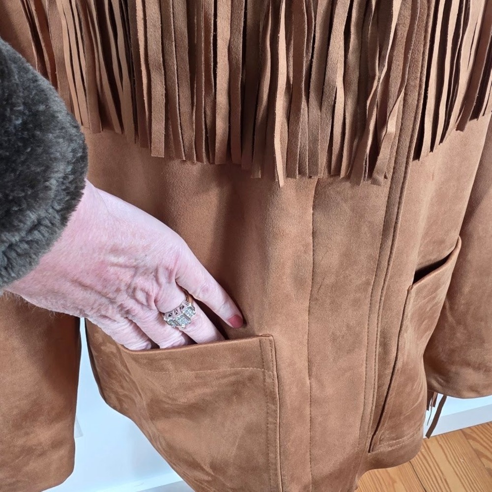 Abercrombie & Fitch Fringe Jacket Women‎ Large Tan Vegan Suede Western Boho NEW - Picture 11 of 12